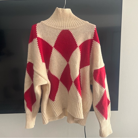 Babaa Sweaters - Babaa Red and Cream Argyle Turtleneck Sweater
